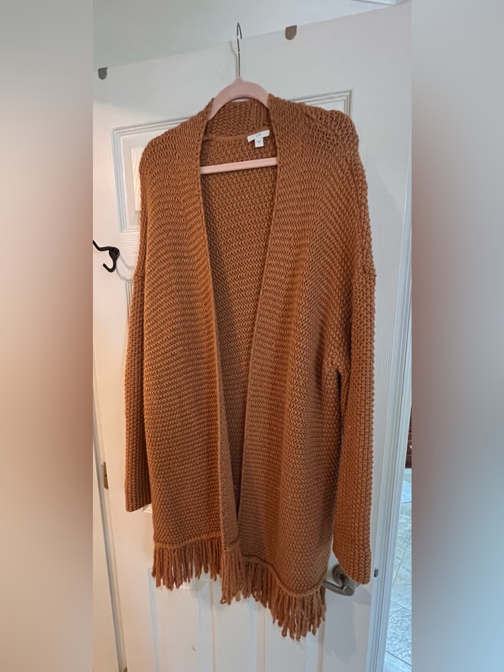 J Jill Cozy Fringe Open-Front Textured Cardigan Sweater - Rust
